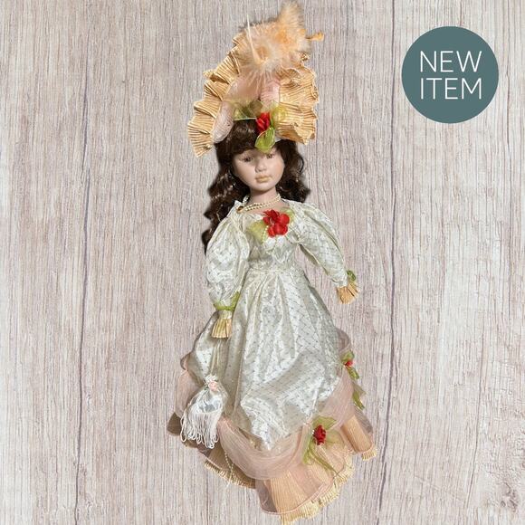 25” Victorian Porcelain Doll w/ Stand – Ivory & Peach Gown, Curly Hair - Picture 1 of 6
